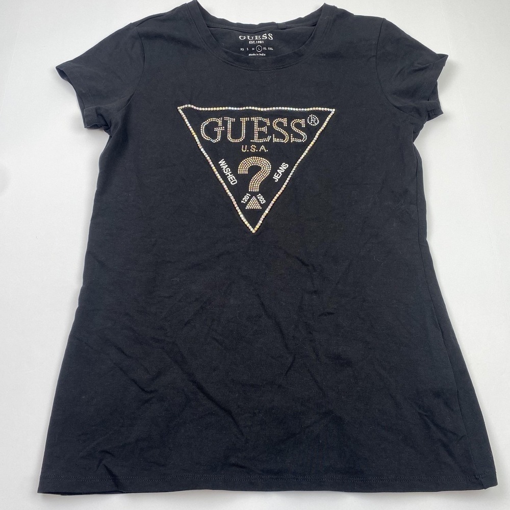 GUESS Shirt Womens Large Black Rhinestone Logo Short Sleeve Tee Top Stretch